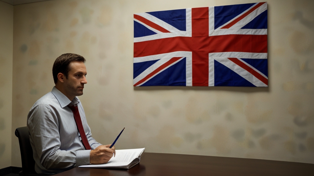 Englishman in an office with the British flag shown